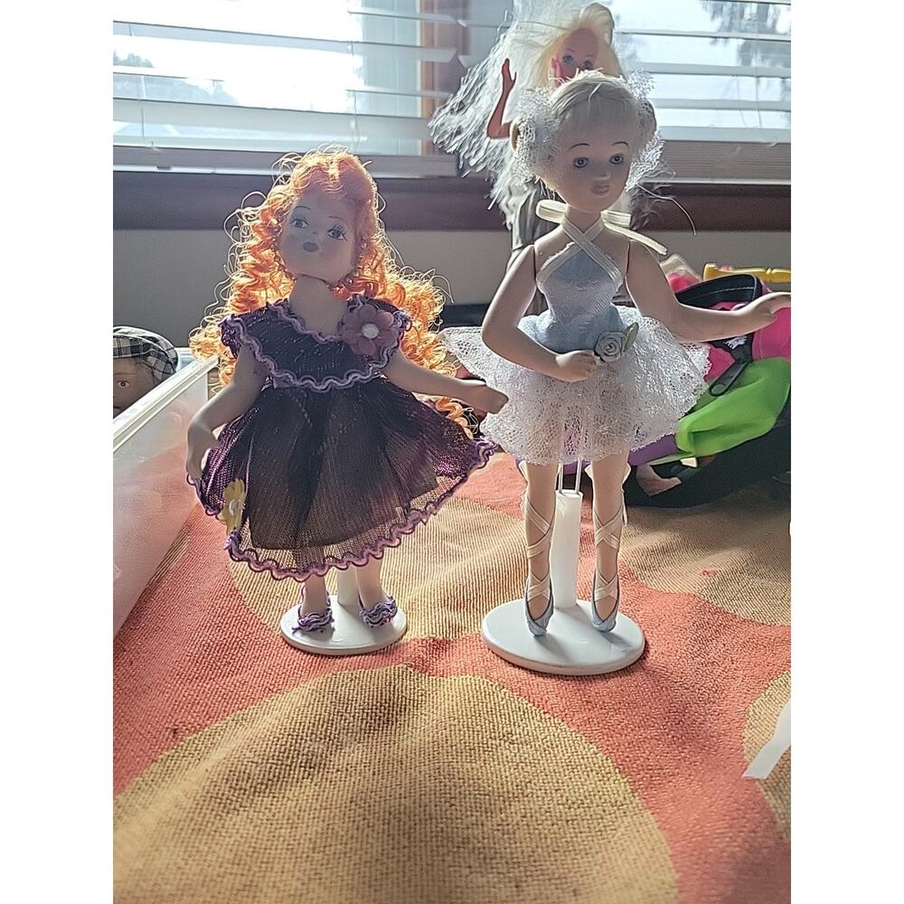 8" Bisque Ballerina Ballet Doll Figure & Stand Red Headed Girl Porcelain Lot